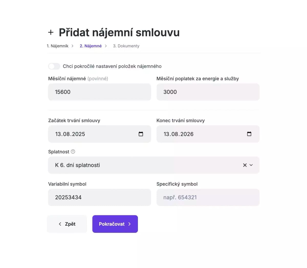 Povinné údaje nájemní smlouvy